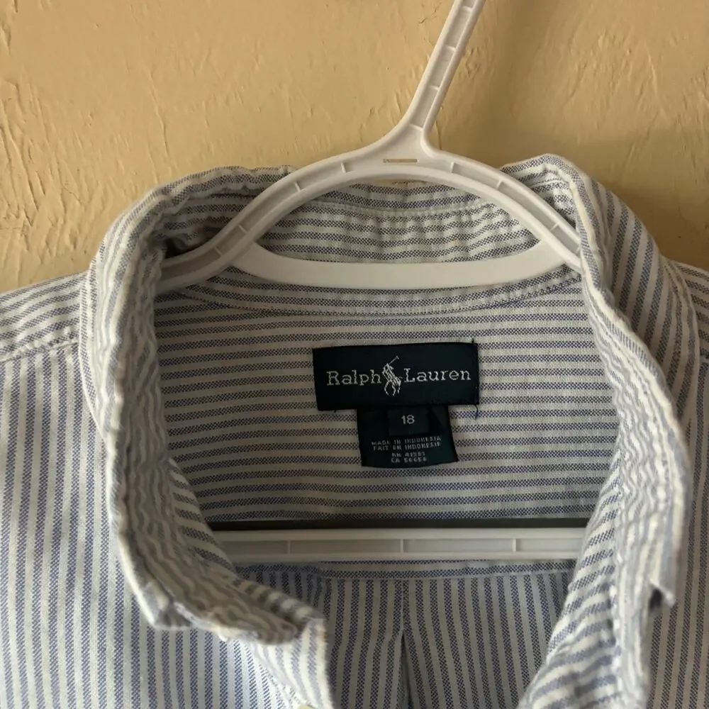 Ralph Lauren Boys Shirt Size 18 XL Blue White Striped Button Down Cotton Pony